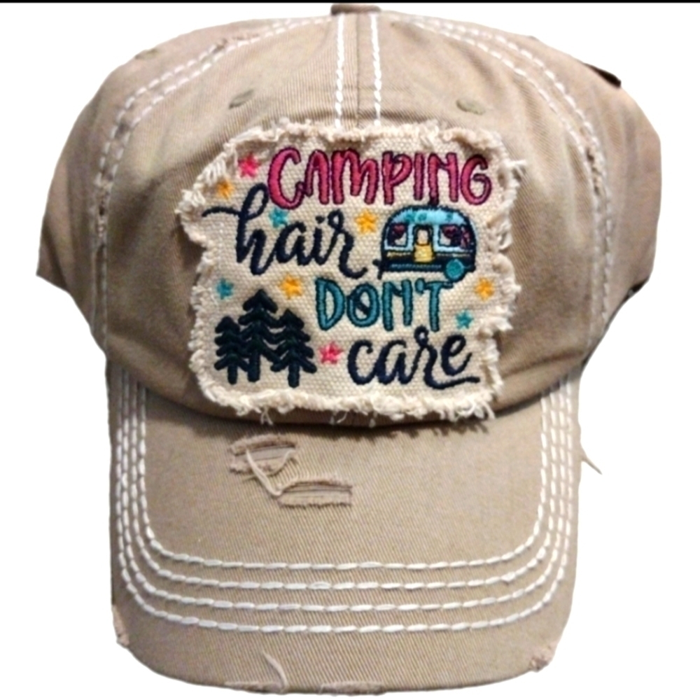 Camping Hair Don't Care Distressed Cap NWT